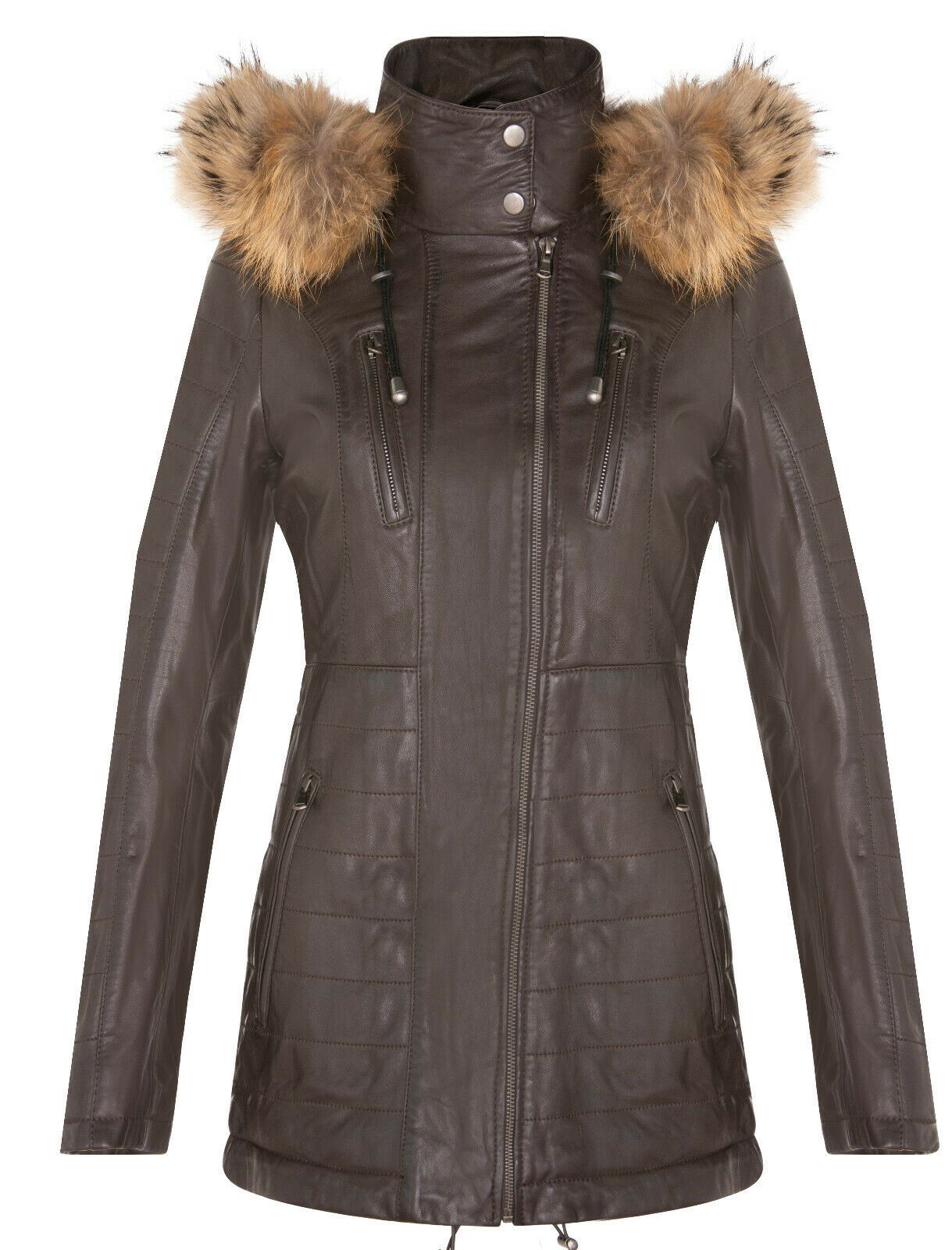 Womens Slim Fit Leather Hooded Parka Jacket-Northam