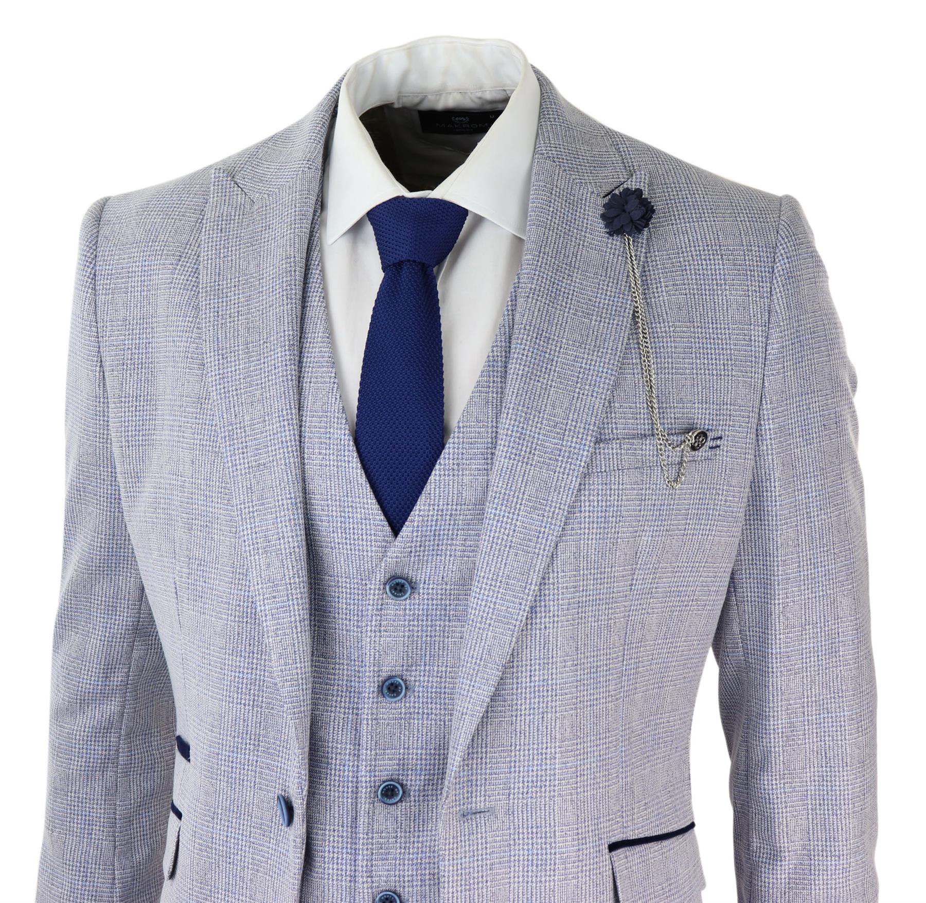 Mens 3 Piece Tweed Suit Light Blue Check Peaky Blinders 1920 Gatsby Wedding Suit
