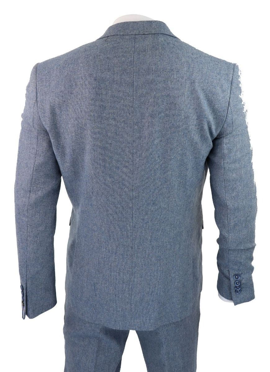 Mens 3 Piece Light Blue Tweed Tailored Fit Retro Classic Suit