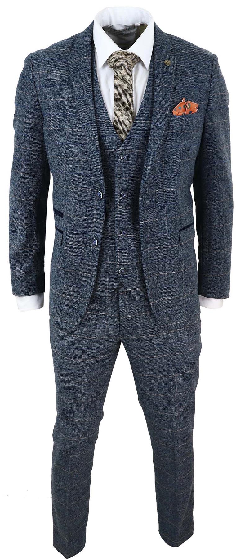 Mens 3 Piece Blue Tweed Check Vintage Suit