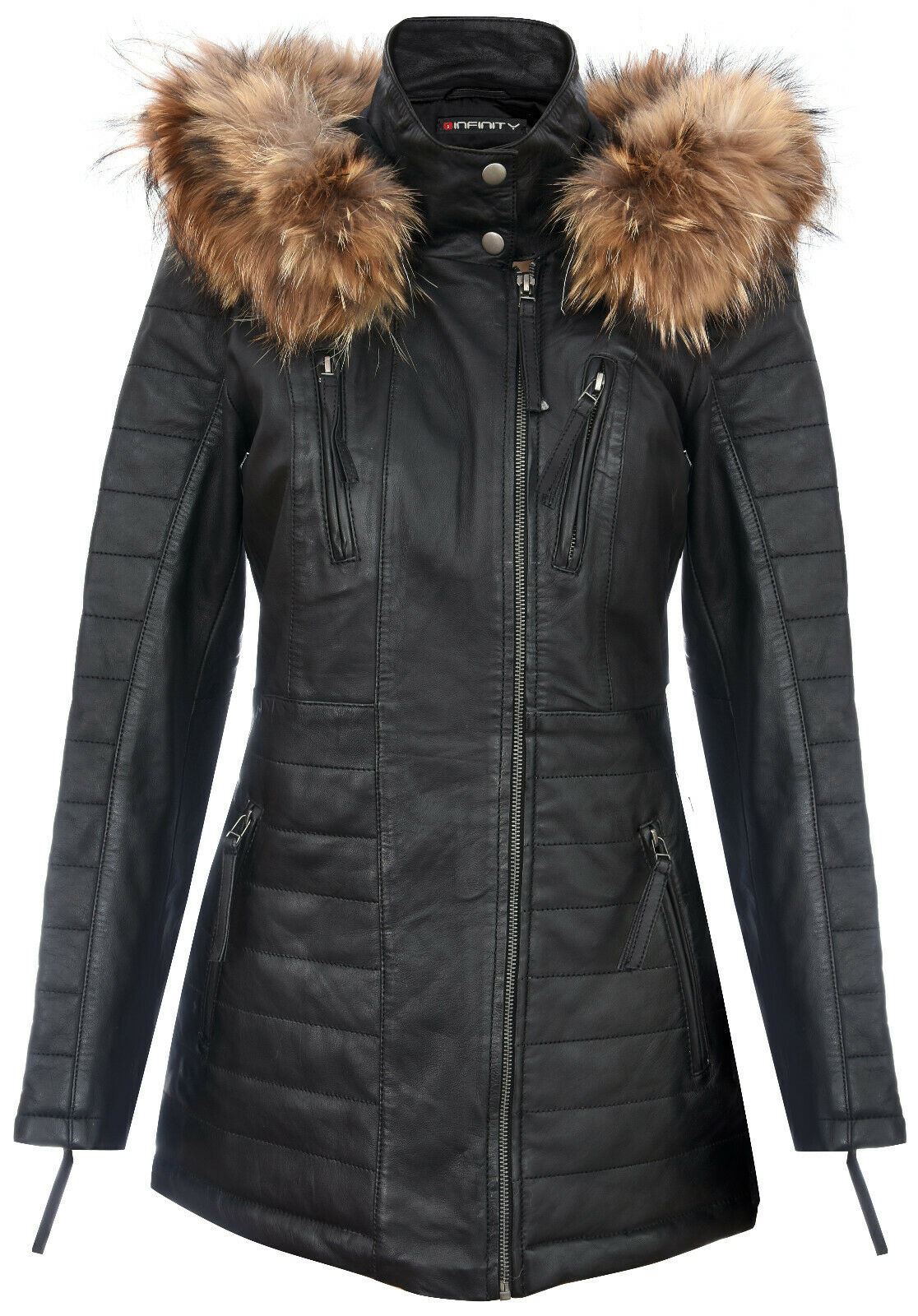 Womens Slim Fit Leather Hooded Parka Jacket-Northam