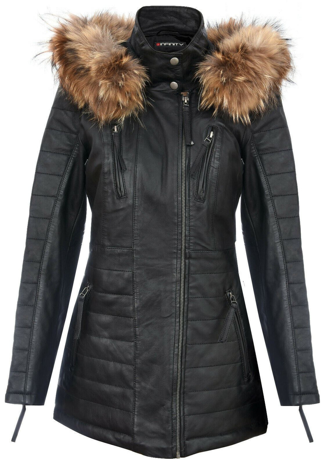 Womens Slim Fit Leather Hooded Parka Jacket-Northam