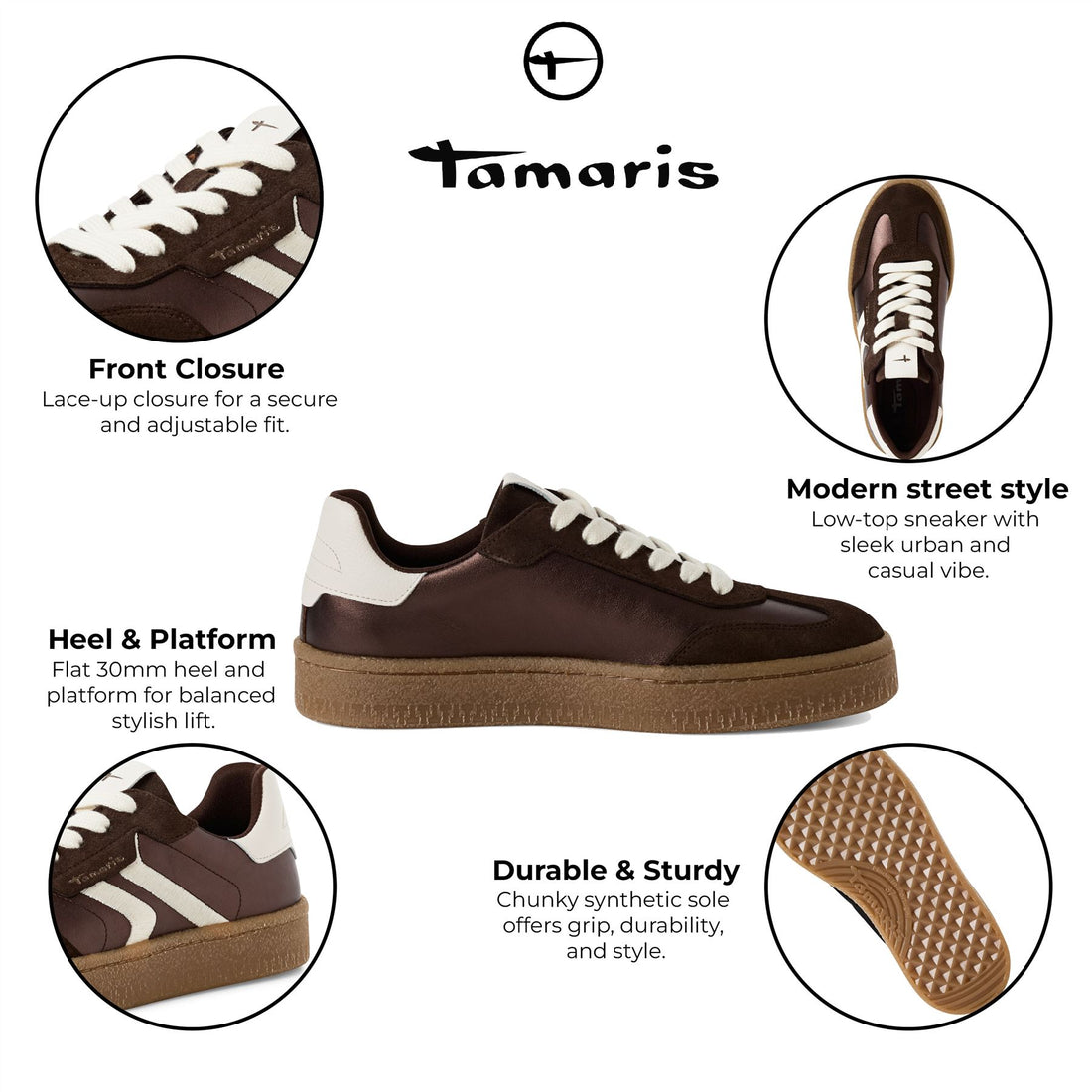 Tamaris Womens Brown White Suede Leather Fashion Lace Up Sneakers