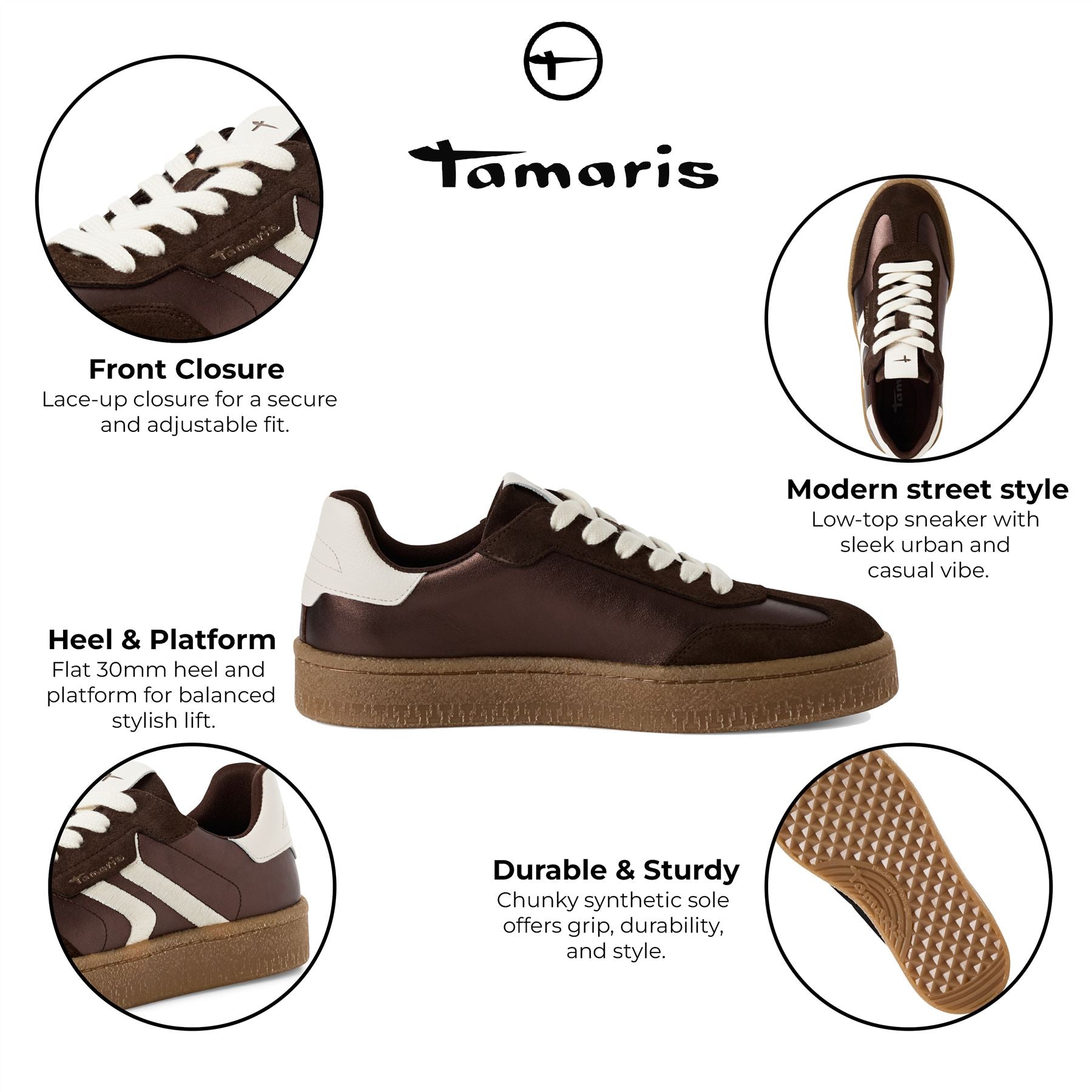 Tamaris Womens Brown White Suede Leather Fashion Lace Up Sneakers