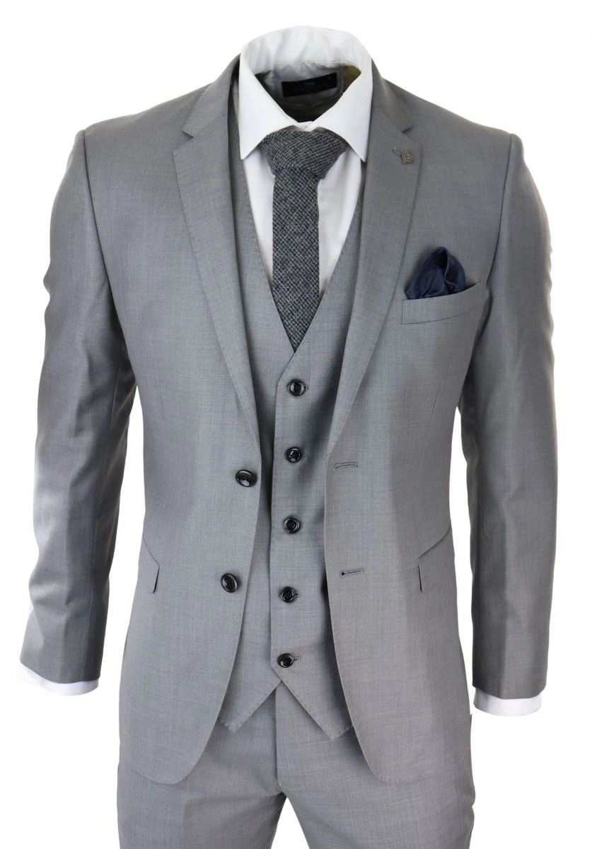 Mens 3 Piece Light Grey Classic Stitch Retro Suit