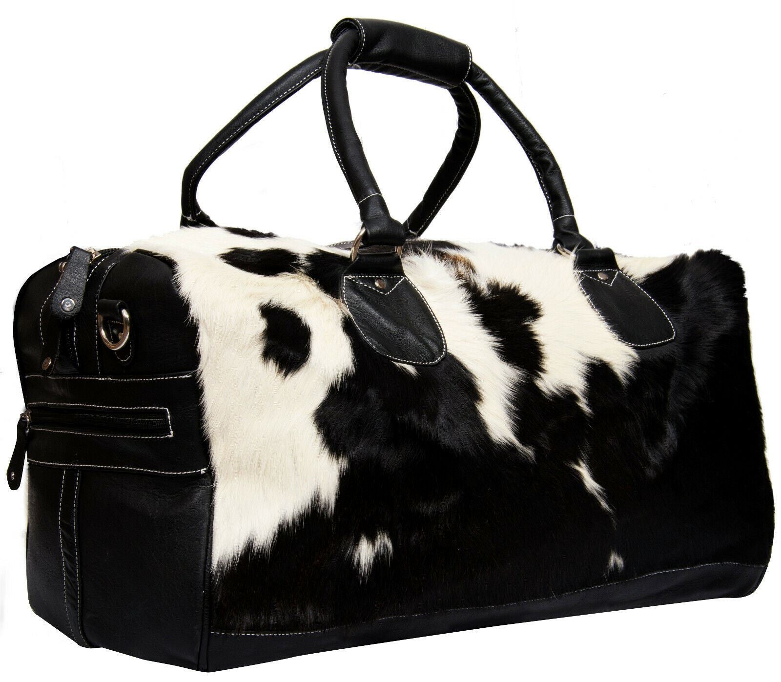 Deluxe Leather Holdall Bag Genuine Cowhide & Cow Fur Weekend Duffel Travel