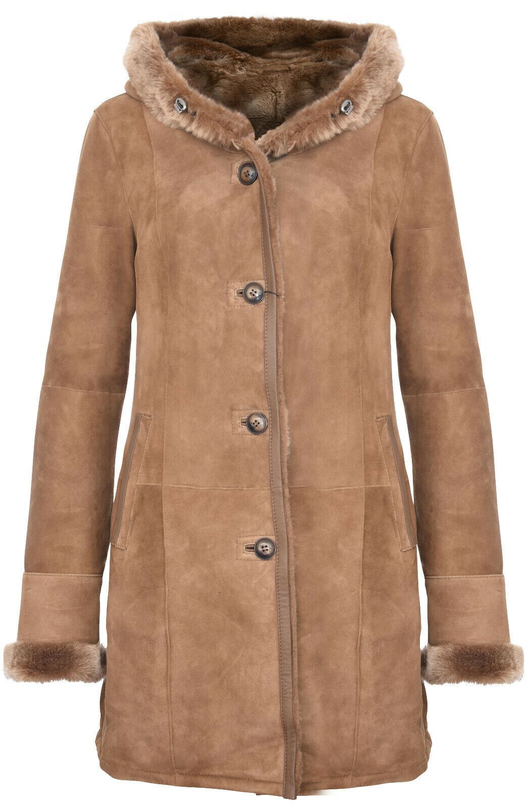 Womens Suede Merino Sheepskin Hooded Coat-Richmond