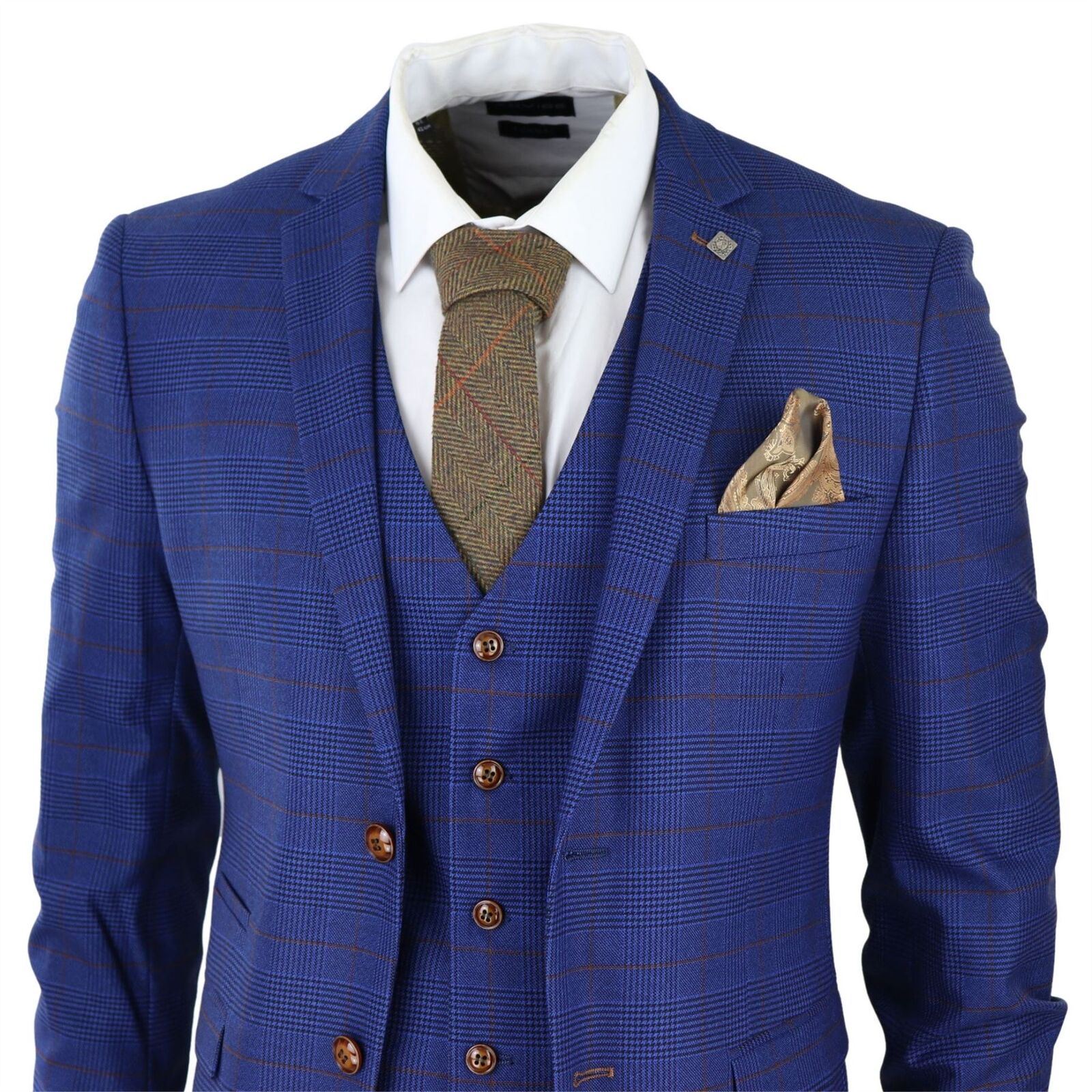 Mens Blue Brown Check 3 Piece Tailored Fit Suit
