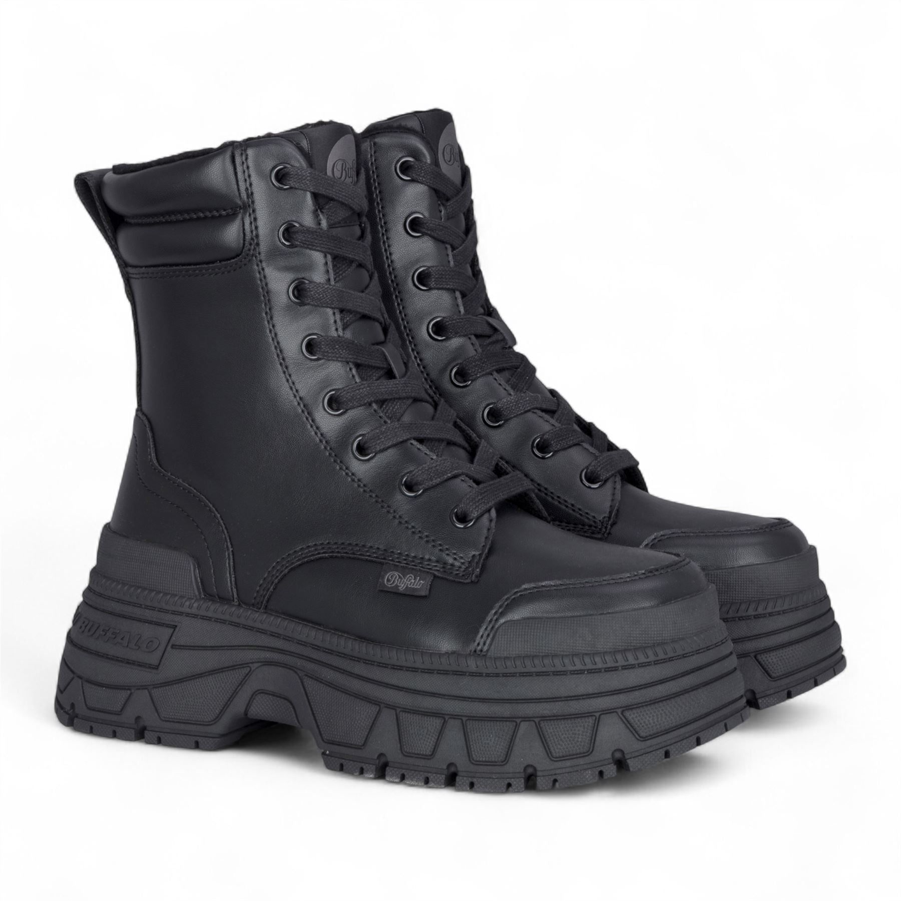 Buffalo Womens Black Chunky Platform Lace Up Mid High Combat Boots - Fusion