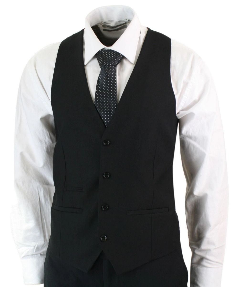 Mens 3 Piece Plain Black Classic Retro Suit