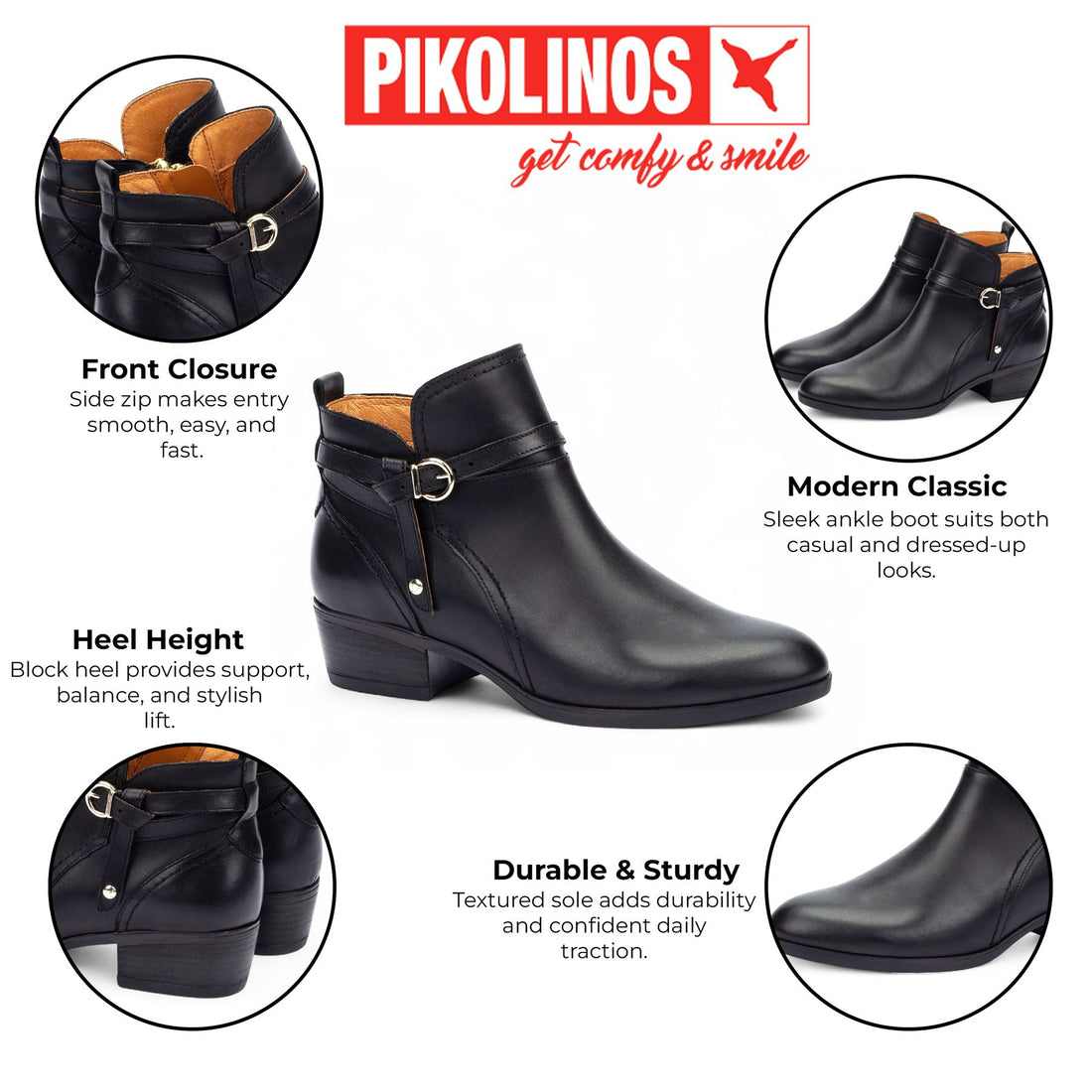 Pikolinos Women’s Black Leather Ankle Bootie Zip Heel Boots - Daroca