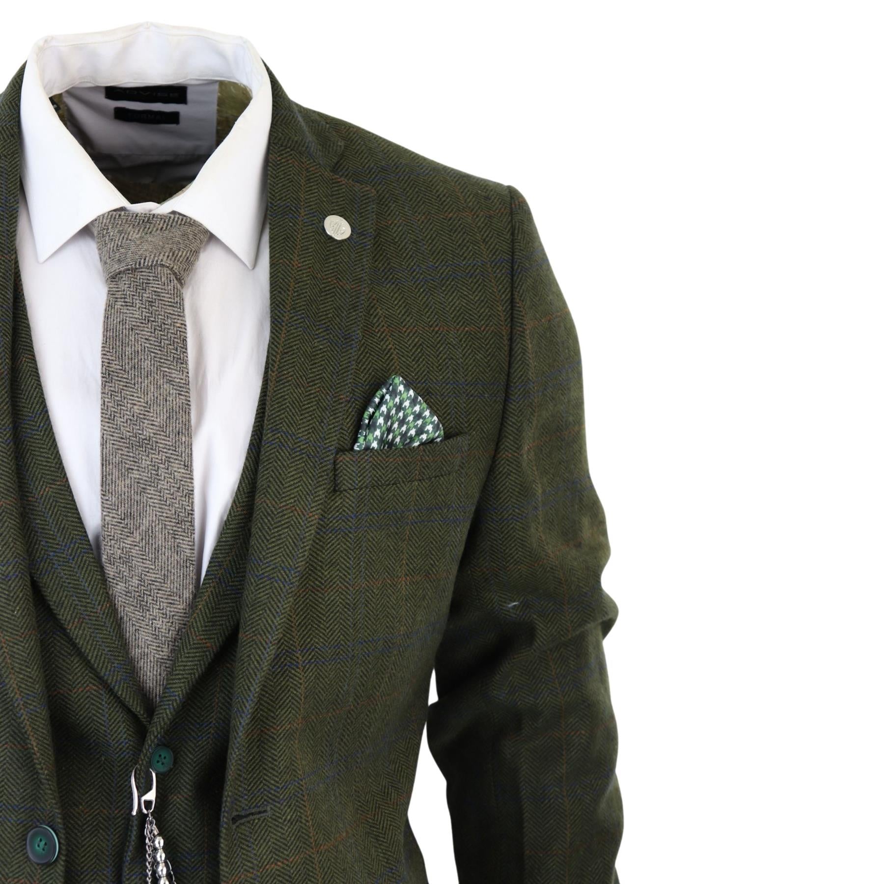 Mens 3 Piece Wool Suit Olive Green Tweed Check Peaky Blinders 1920 Gatsby Formal