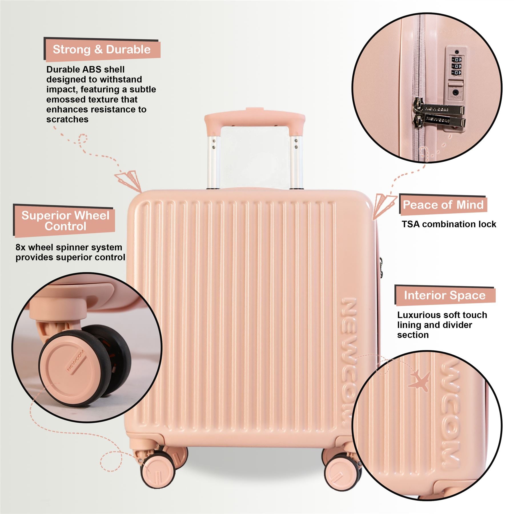 Hard Shell Cabin 44 x 22 x 38 cm Pink TSA Secure Luggage Suitcase Suitable for Easyjet, Ryanair