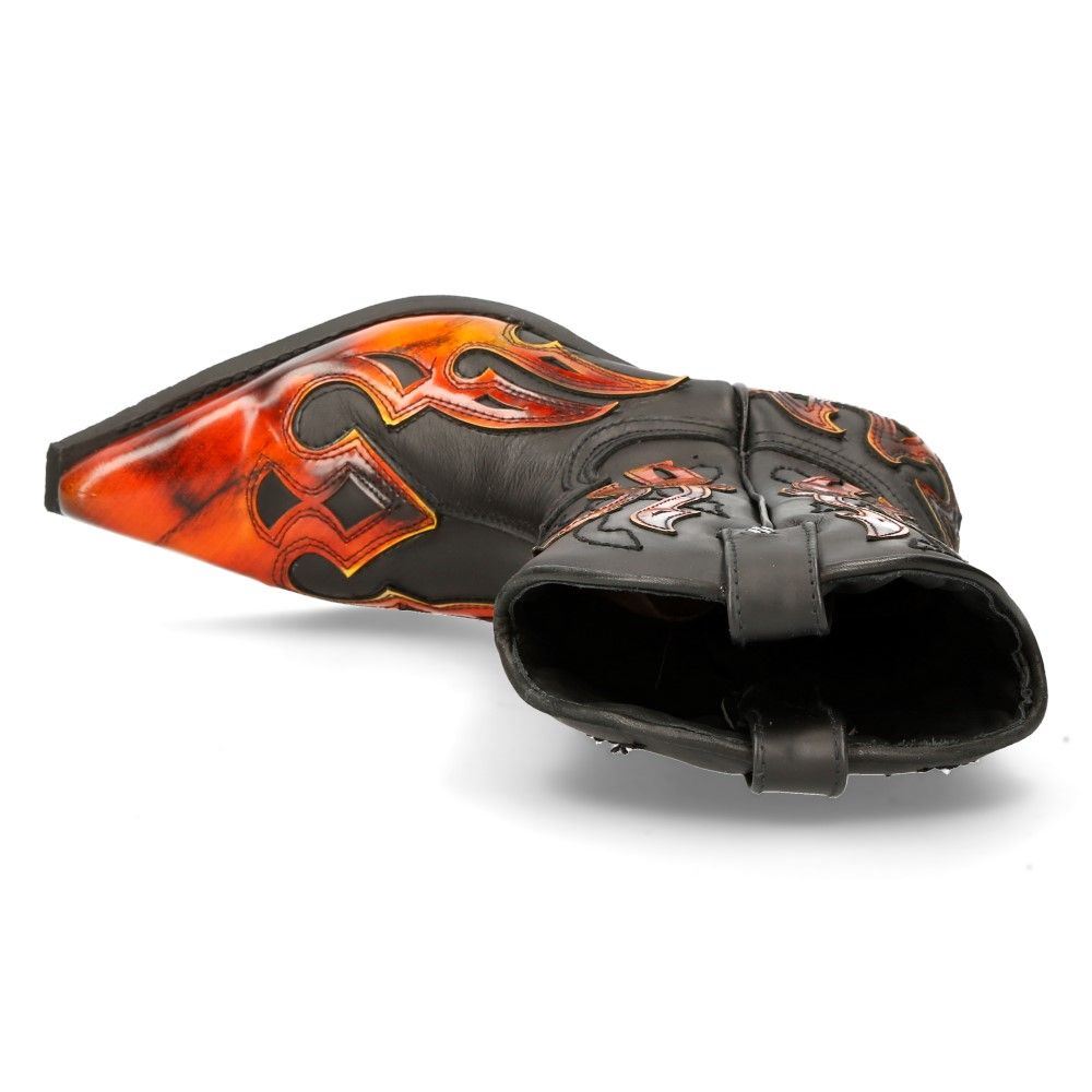 New Rock Flame Accented Black/Red Mid-Calf Cowboy Boots-7921-S2