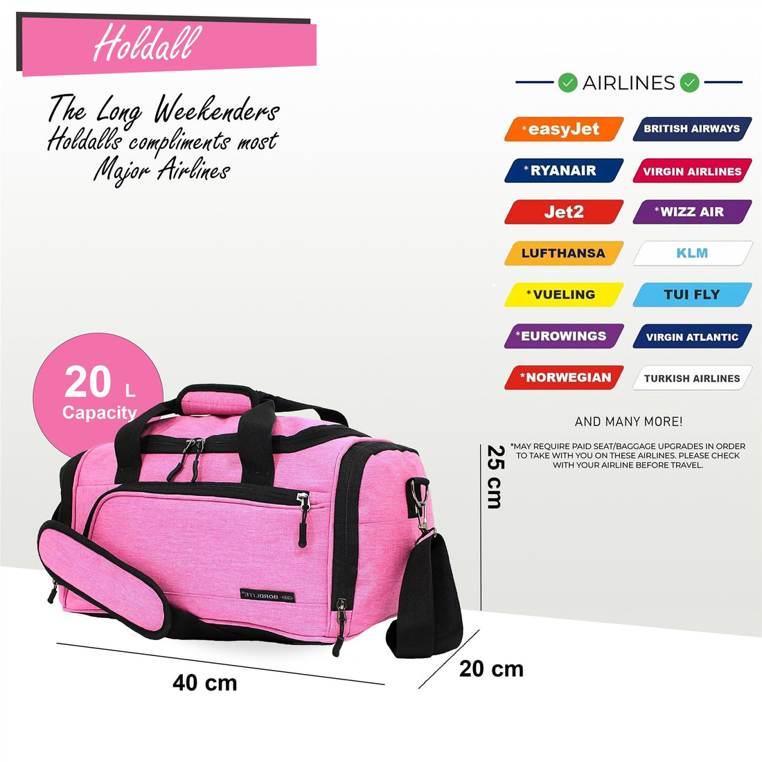 Holdall Carry On 40x 20 x25cm Under-seat Travel Duffel Bag for Ryanair, Easy Jet Lilac