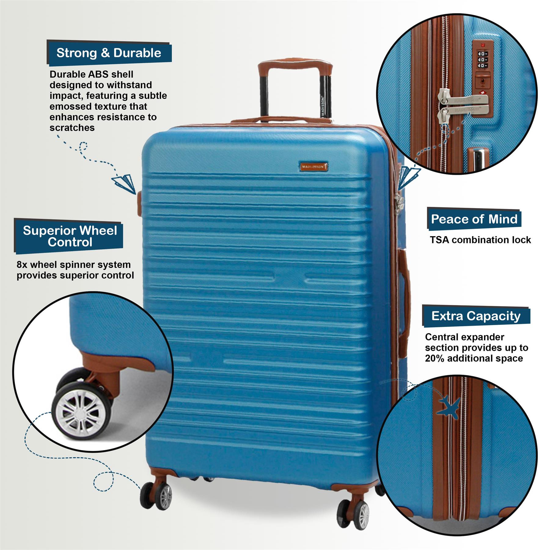 Expandable Blue Hard Shell ABS 8 Wheel Suitcase Robust Travel Case Holiday Luggage