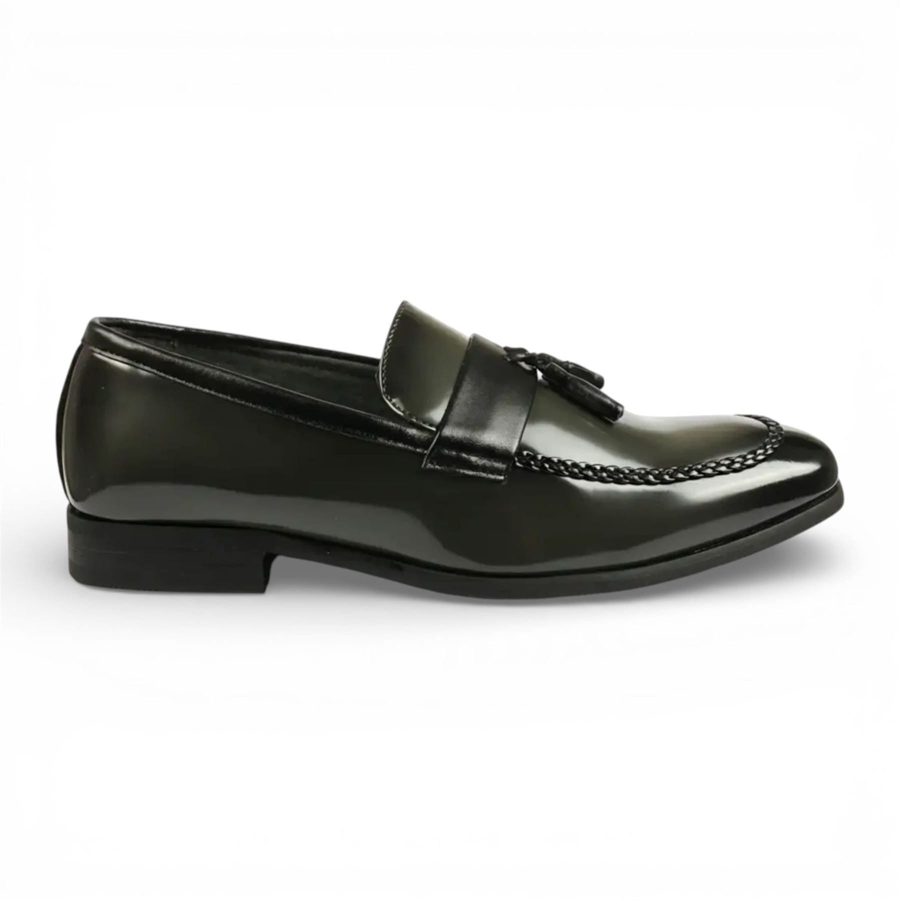 Mens Olive Tassel High-Gloss Patent Faux Leather Formal Loafers Shoes