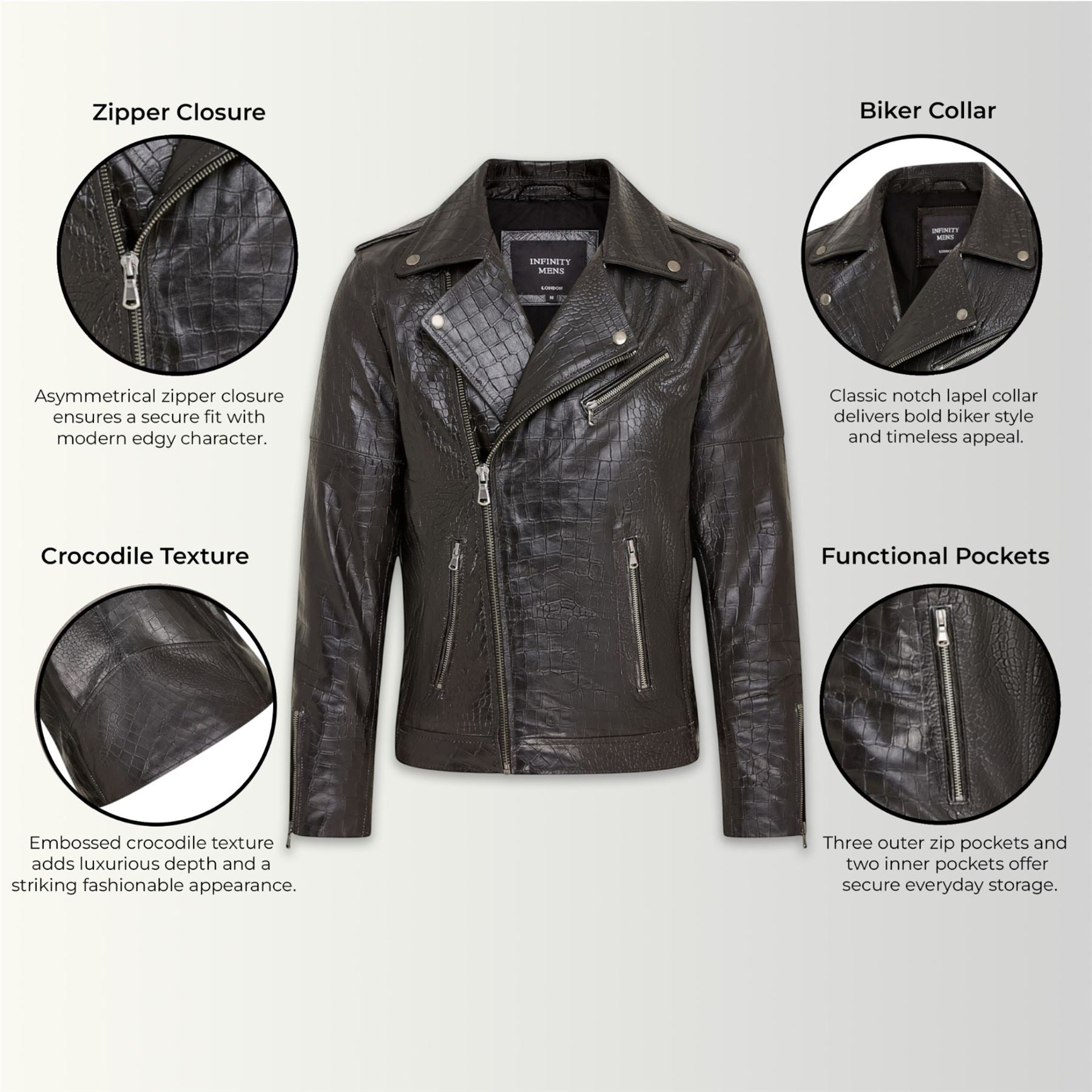 Mens Cow Leather Alligator Print Embossed Biker Jacket - Rot
