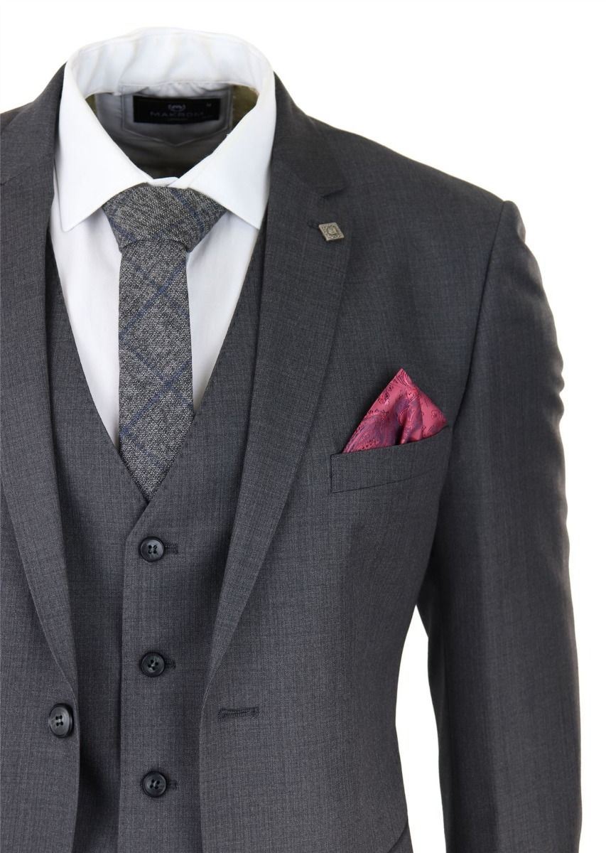 Mens 3 Piece Charcoal Grey Classic Stitch Retro Suit