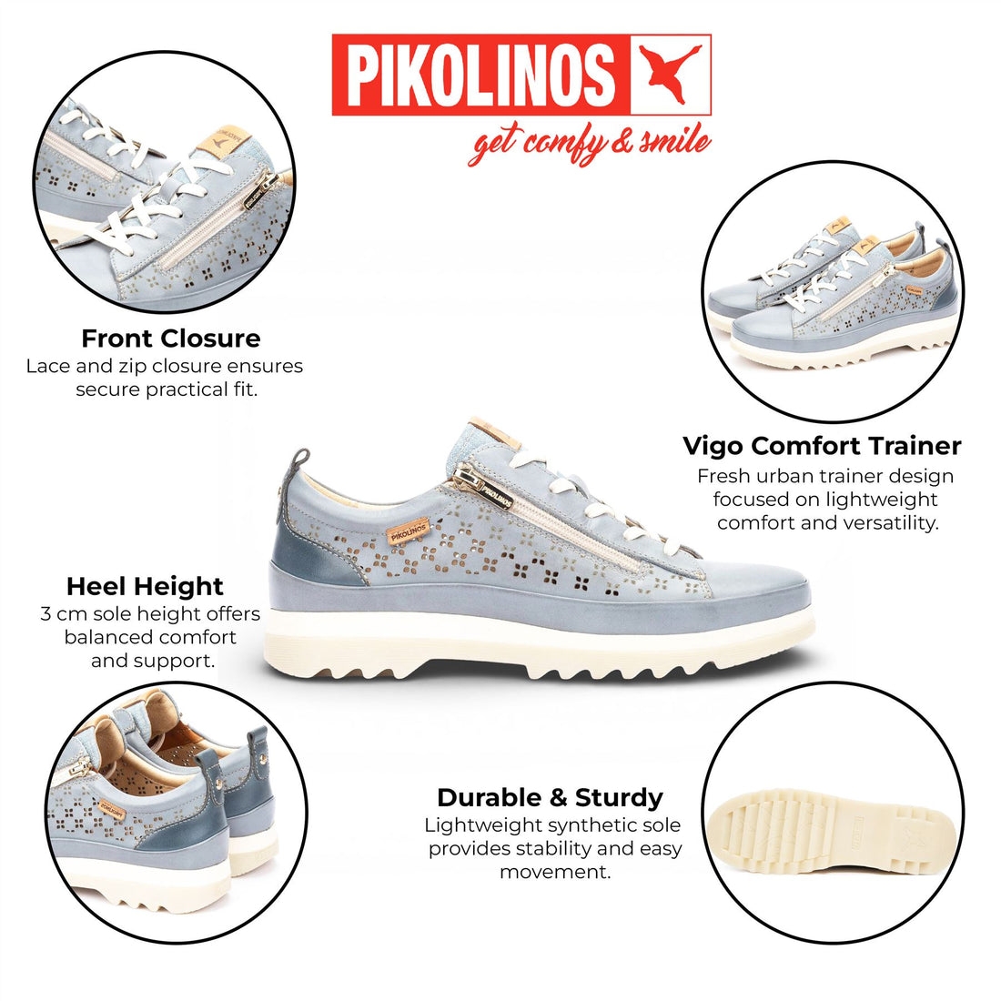 Pikolinos Women’s Denim Blue Leather Lace Up Zip Trainer Sneaker Shoes - Vigo