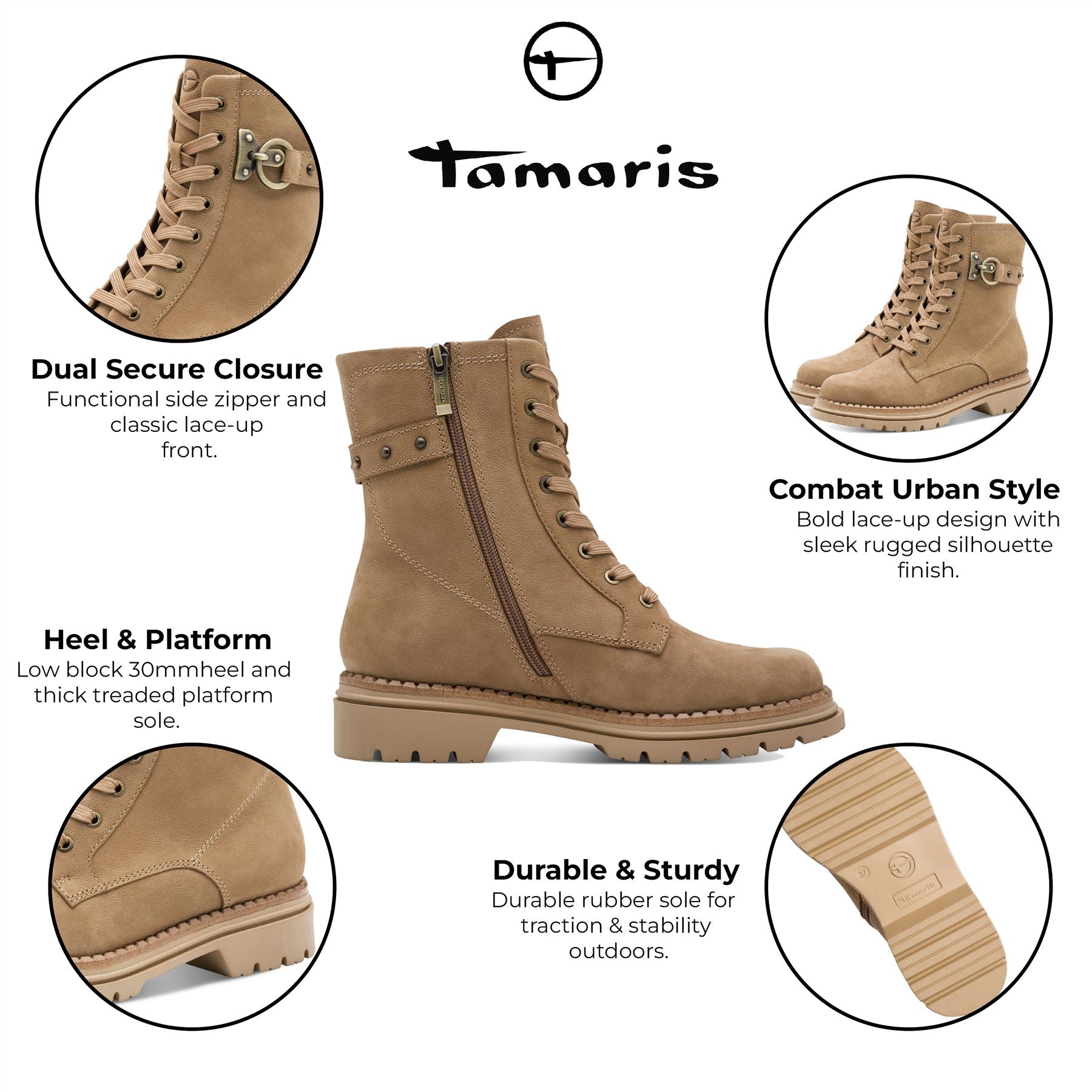 Tamaris Womens Fashion Camel Beige Leather Lace-Up Zip Combat Ankle Boots