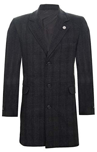 Mens 3/4 Long Wool Black Check Crombie Overcoat Jacket Blinders Trench Slim Fit Coat