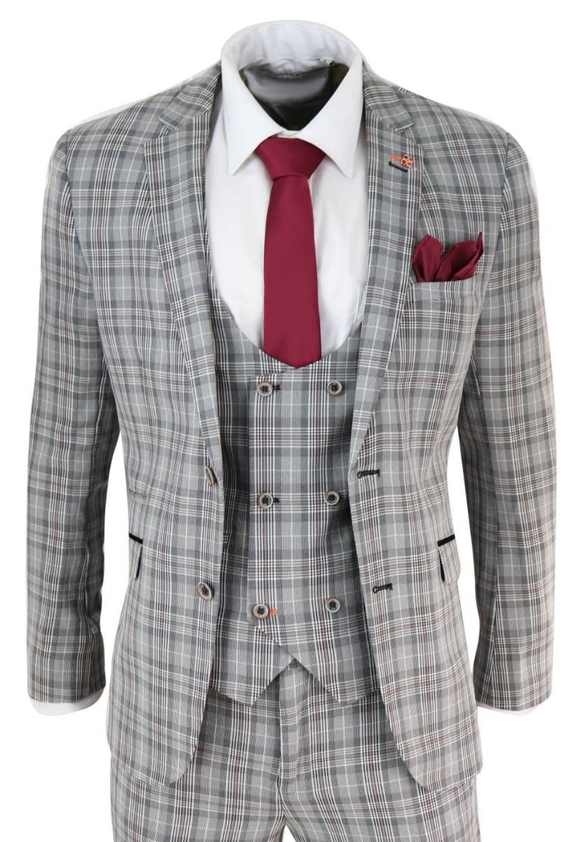 Mens 3 Piece Grey Check Retro Vintage Classic Suit