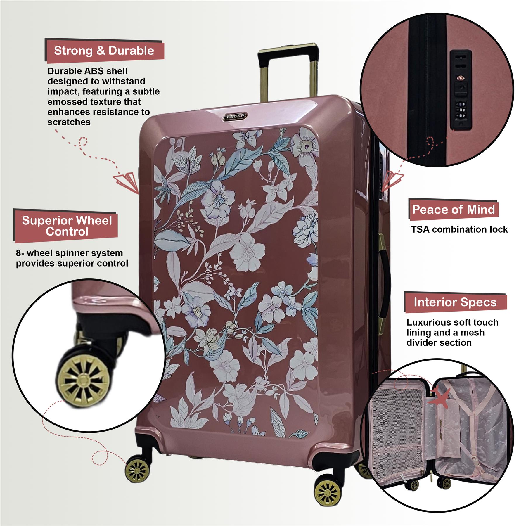 Hard Shell Cabin 4 Wheel Suitcase Flower Print Luggage