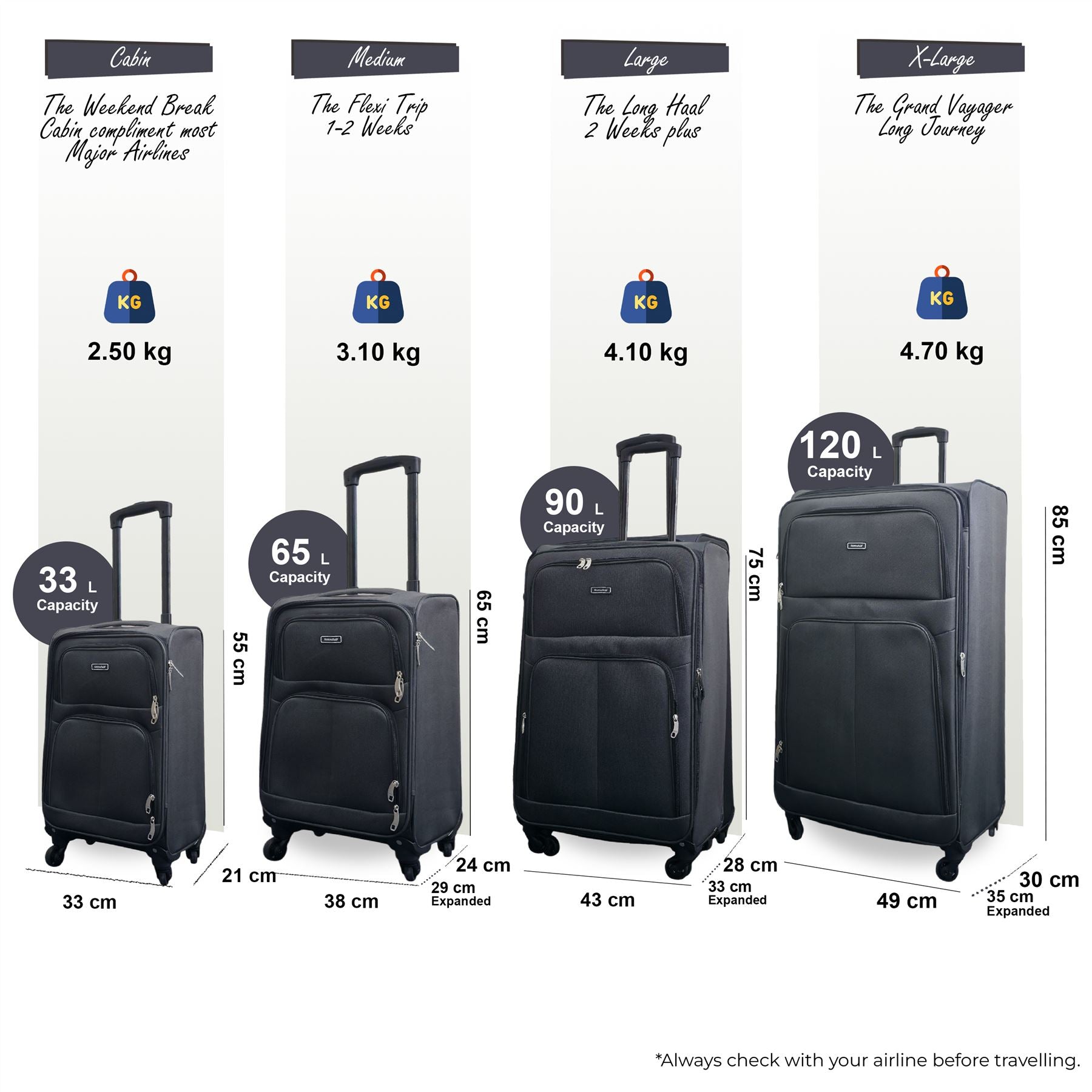 Tahara Set of 4 Soft Shell Suitcase in Grey