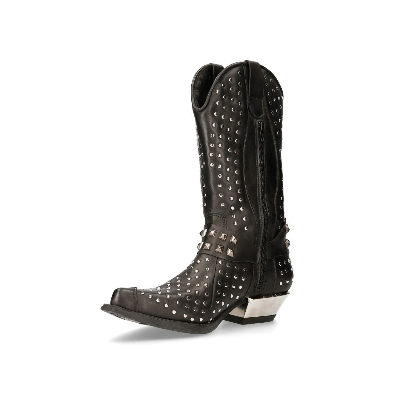 New Rock Black Leather Studded Cowboy Boots- M-7928-S1