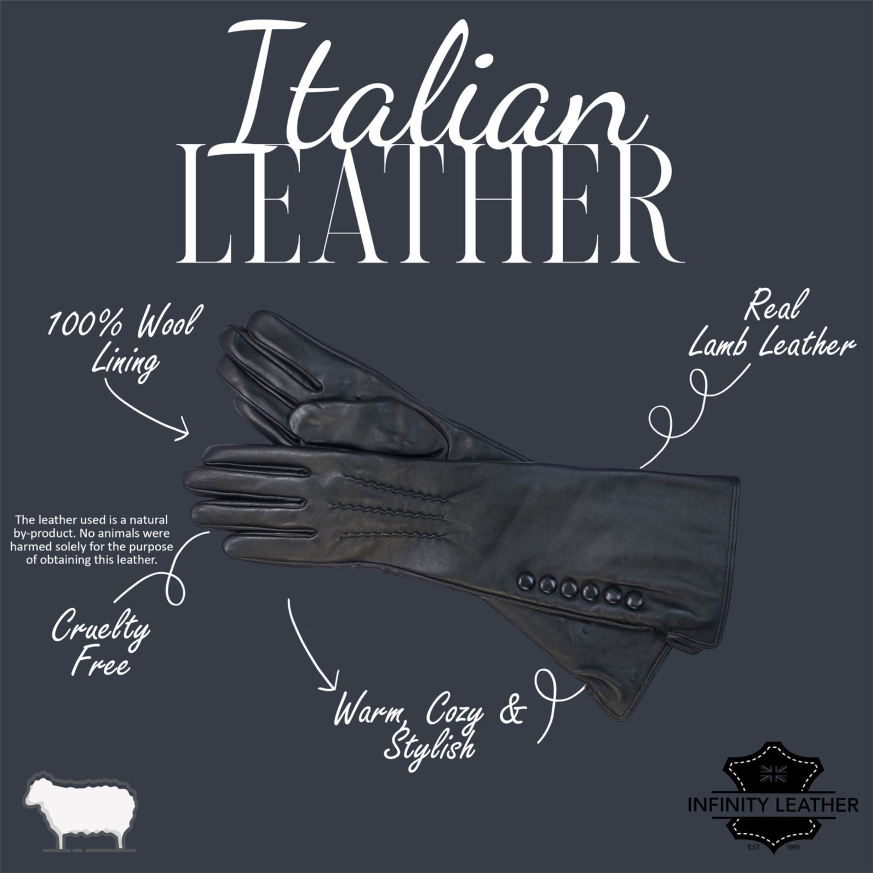 Womens Long Italian Leather Winter Button Design Soft Wool Lining Gloves - L-GLV-201