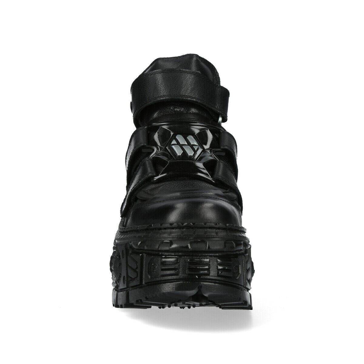 New Rock Metallic Ankle Black Leather Boots-WALL285-S2