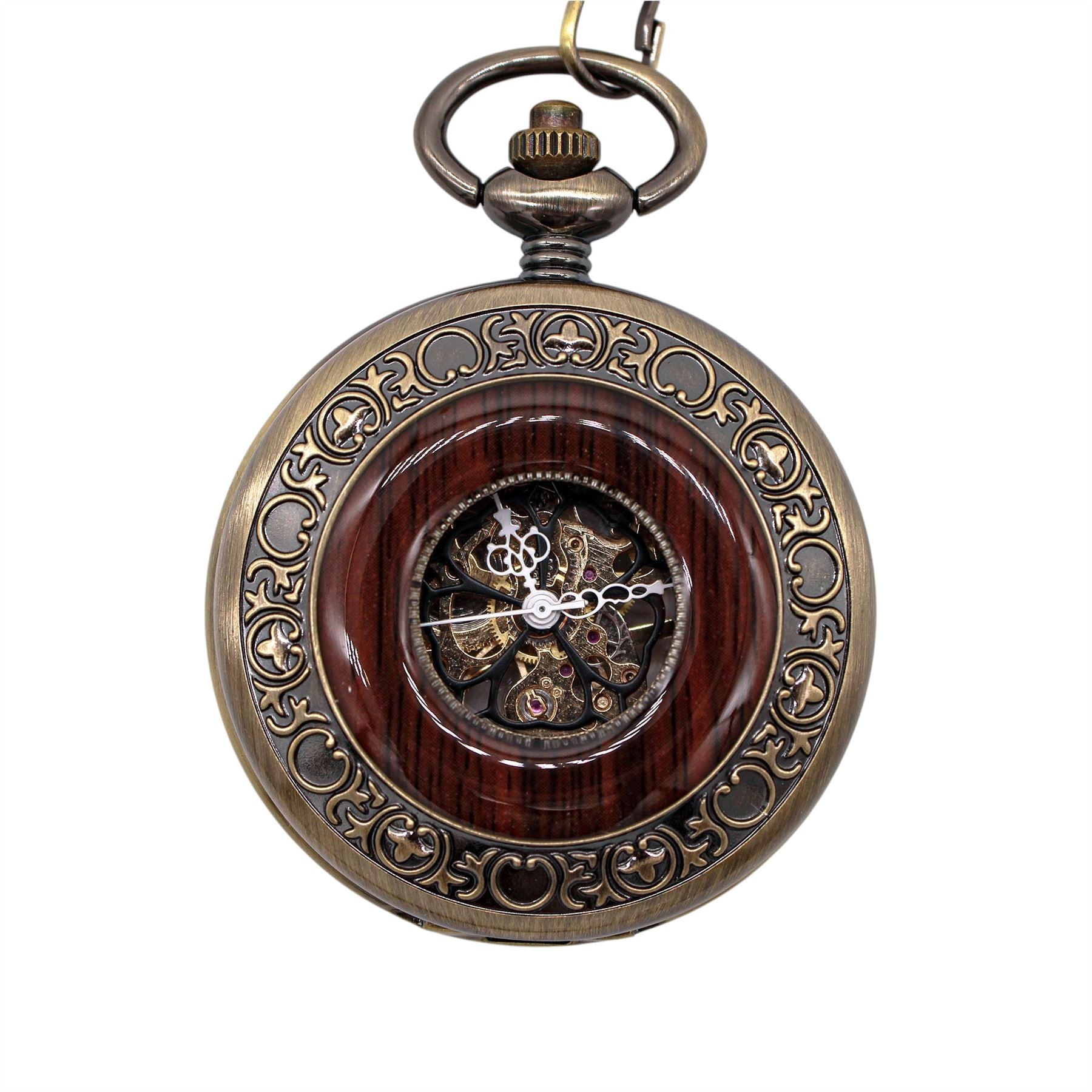 Vintage Bronze Wooden Skeleton Half Hunter Alloy Pocket Watch