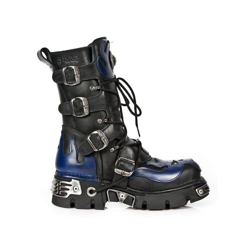 New Rock Unisex Black/Blue Leather Gothic Biker Skull Boots-107-C5