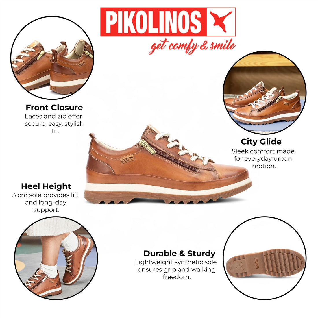 Pikolinos Women’s Brandy Brown Leather Laces & Zipper Trainers - Vigo