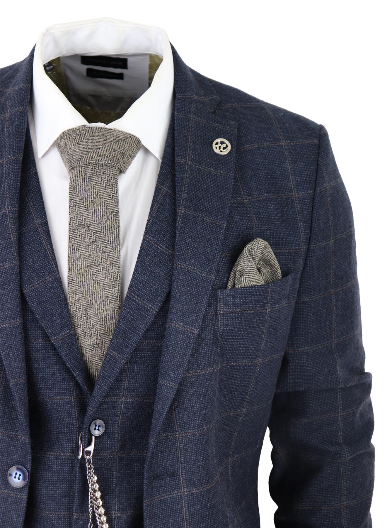 Mens 3 Piece Wool Suit Navy Blue Tweed Check Peaky Blinders 1920 Gatsby Formal