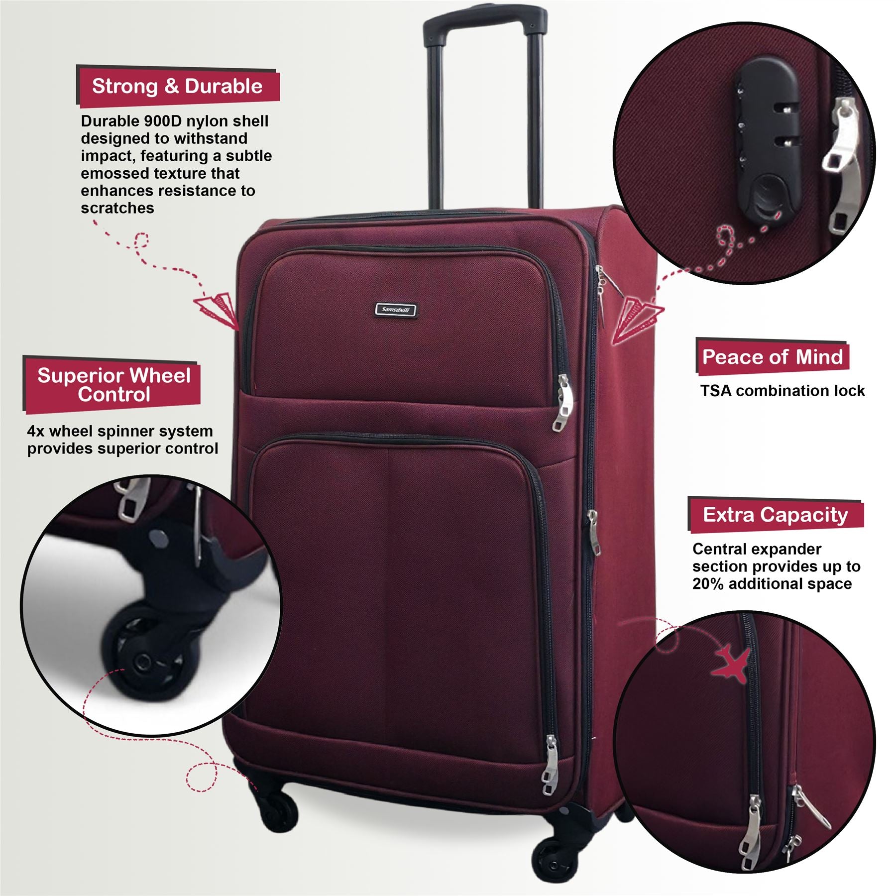 Tahara Set of 3 Soft Shell Suitcase in Wine