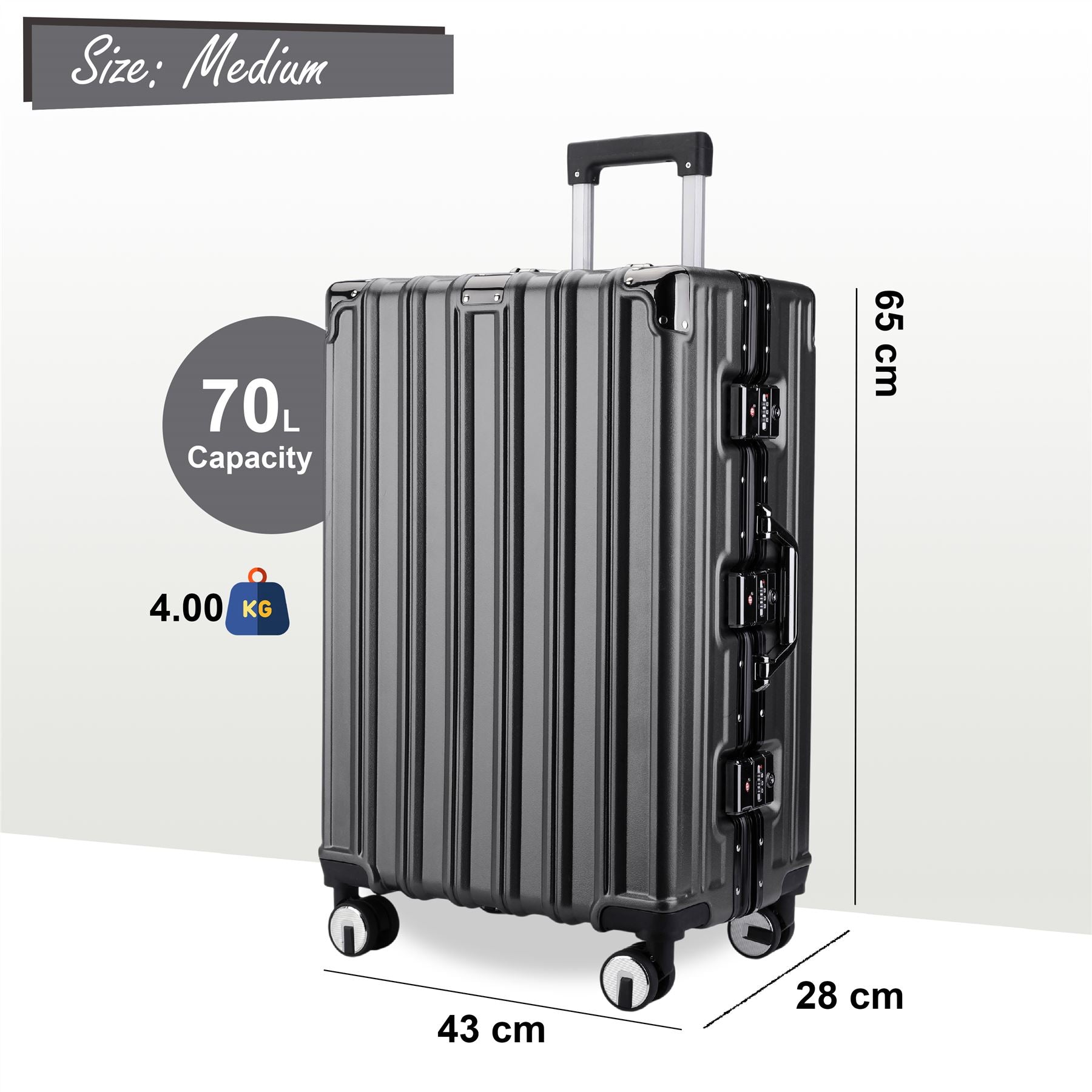 Hardshell Charcoal Black Suitcase Set Robust 8 Wheel Luggage Cabin Case Bag - IL-PC-ALLOY-CHAR