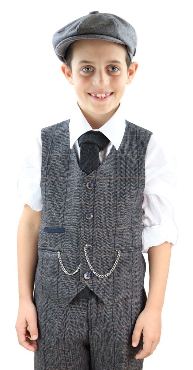 Boys 3 Piece Charcoal Grey Herringbone Tweed Check Classic Suit