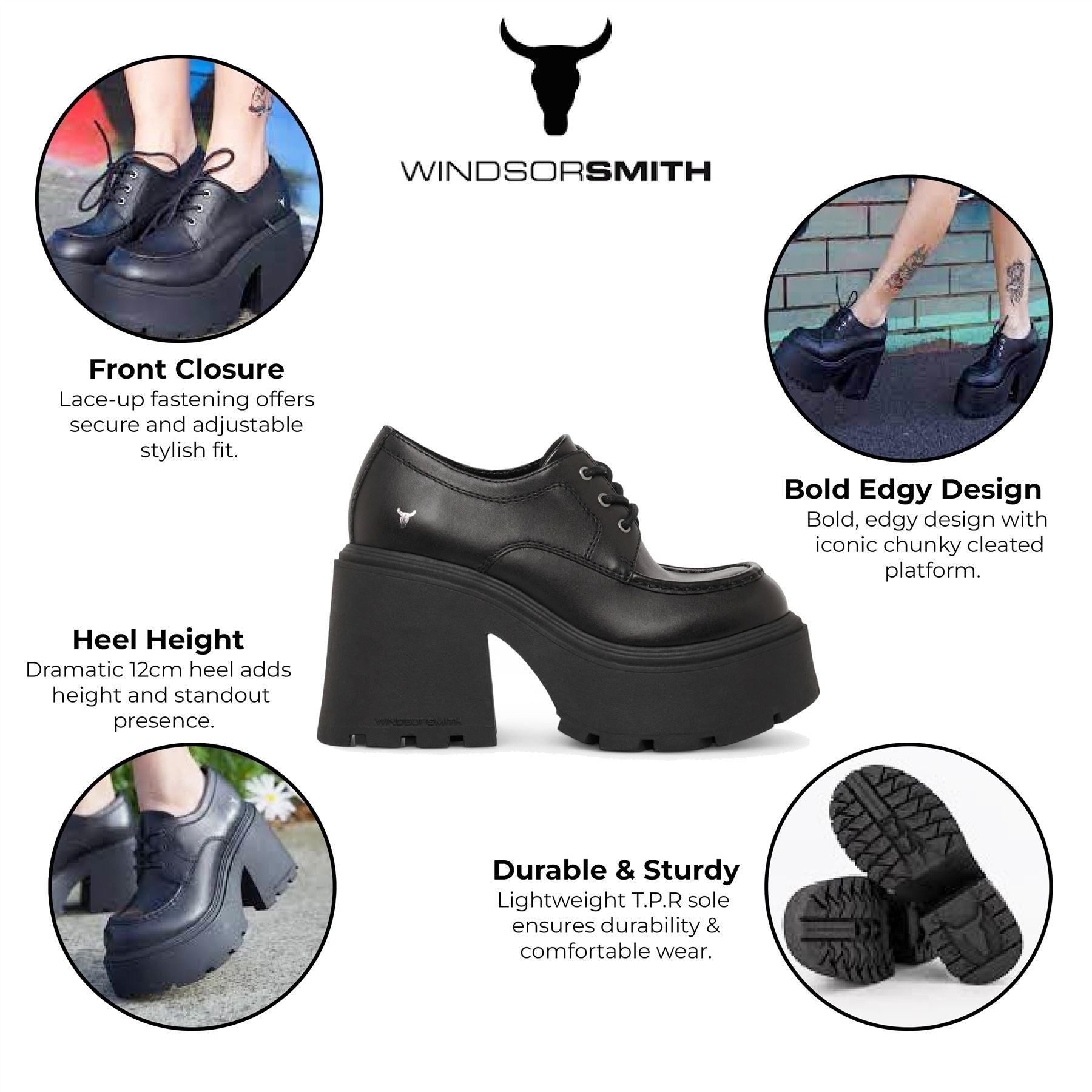 Windsorsmith Womens Black Leather Chunky Platform Lace-Up Shoes - Starcrossed