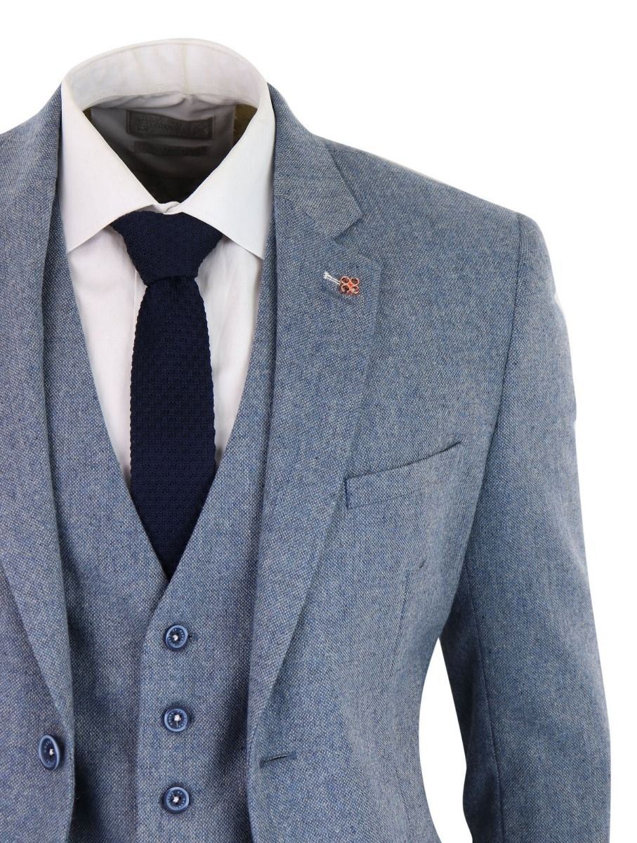 Mens 3 Piece Light Blue Tweed Tailored Fit Retro Classic Suit