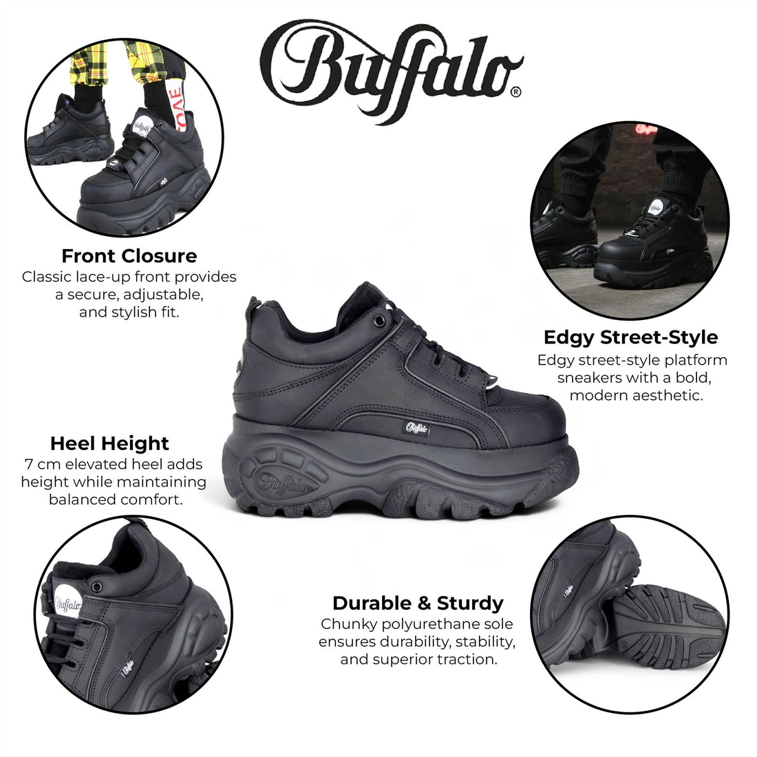 Buffalo Womens Black Leather Chunky Platform Fashion Trainers - 1339-14-2.0