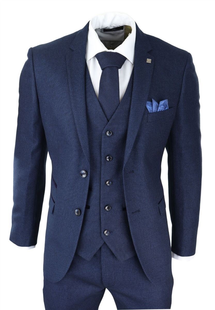 Mens 3 Piece Navy Blue Birdseye Tweed Classic Suit