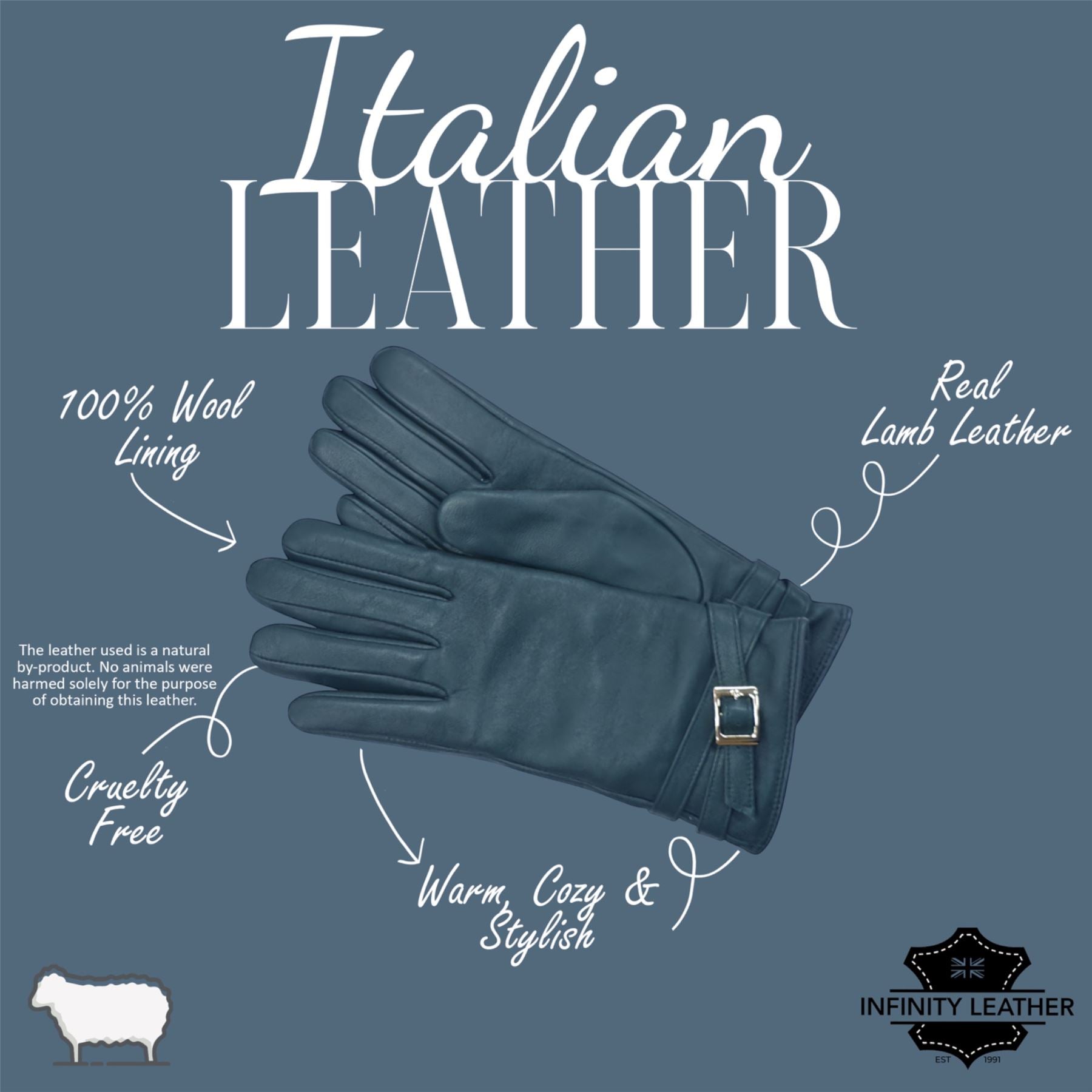 Womens Italian Leather Winter Buckle Soft Wool Lining Gloves - L-GLV-601