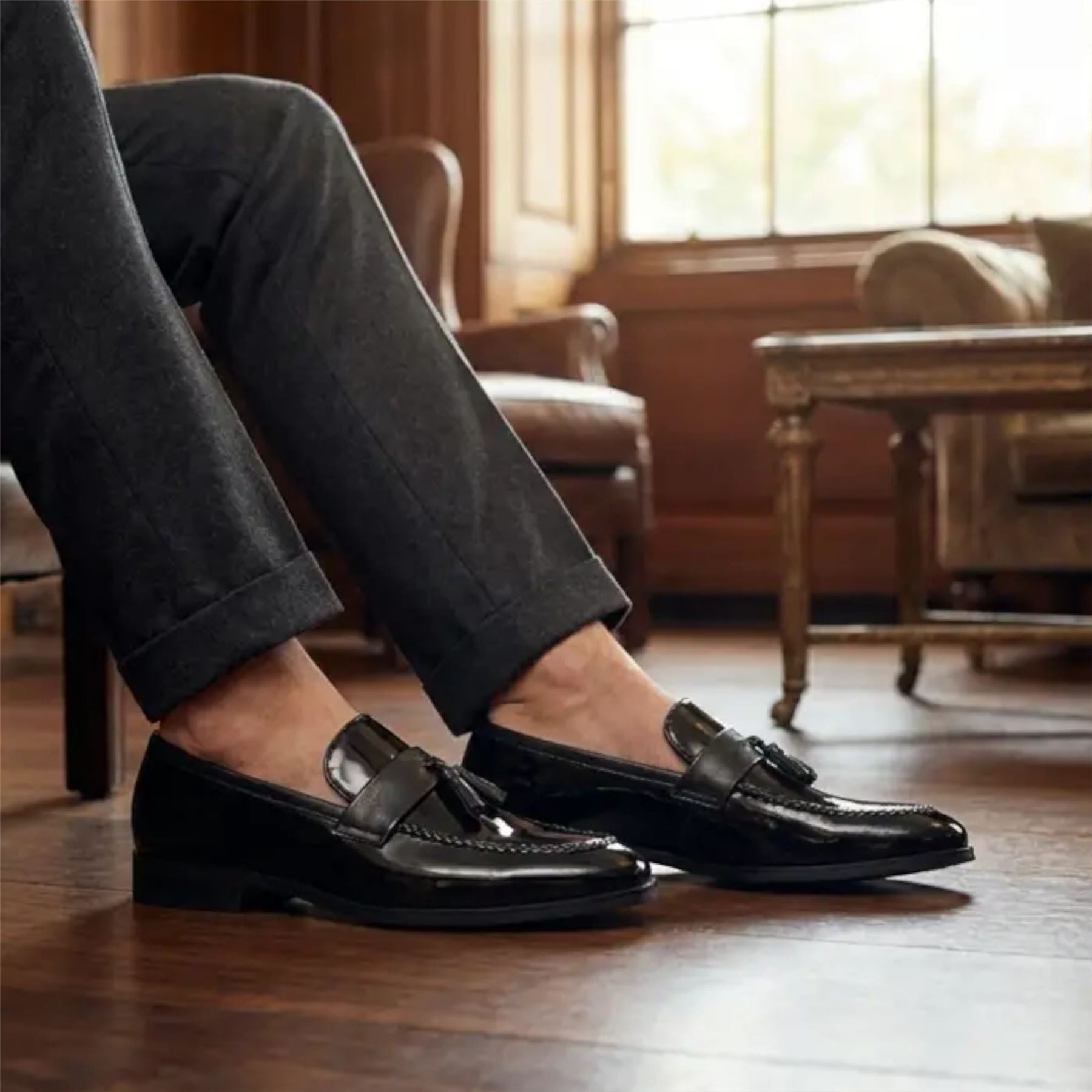 Mens Olive Tassel High-Gloss Patent Faux Leather Formal Loafers Shoes