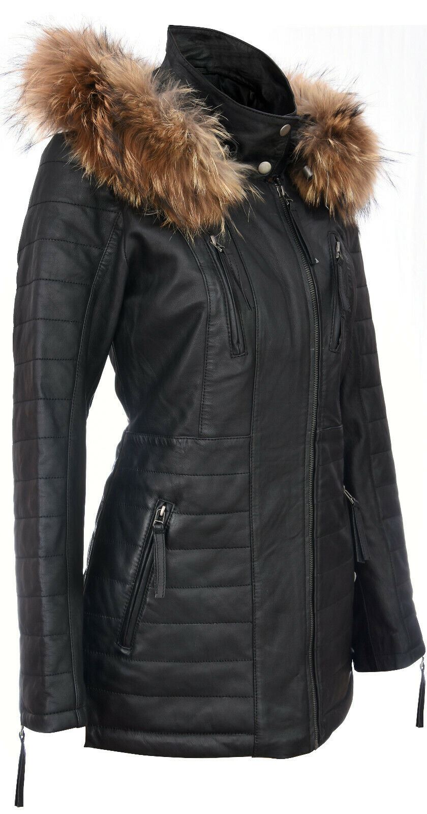 Womens Slim Fit Leather Hooded Parka Jacket-Northam - Upperclass Fashions 
