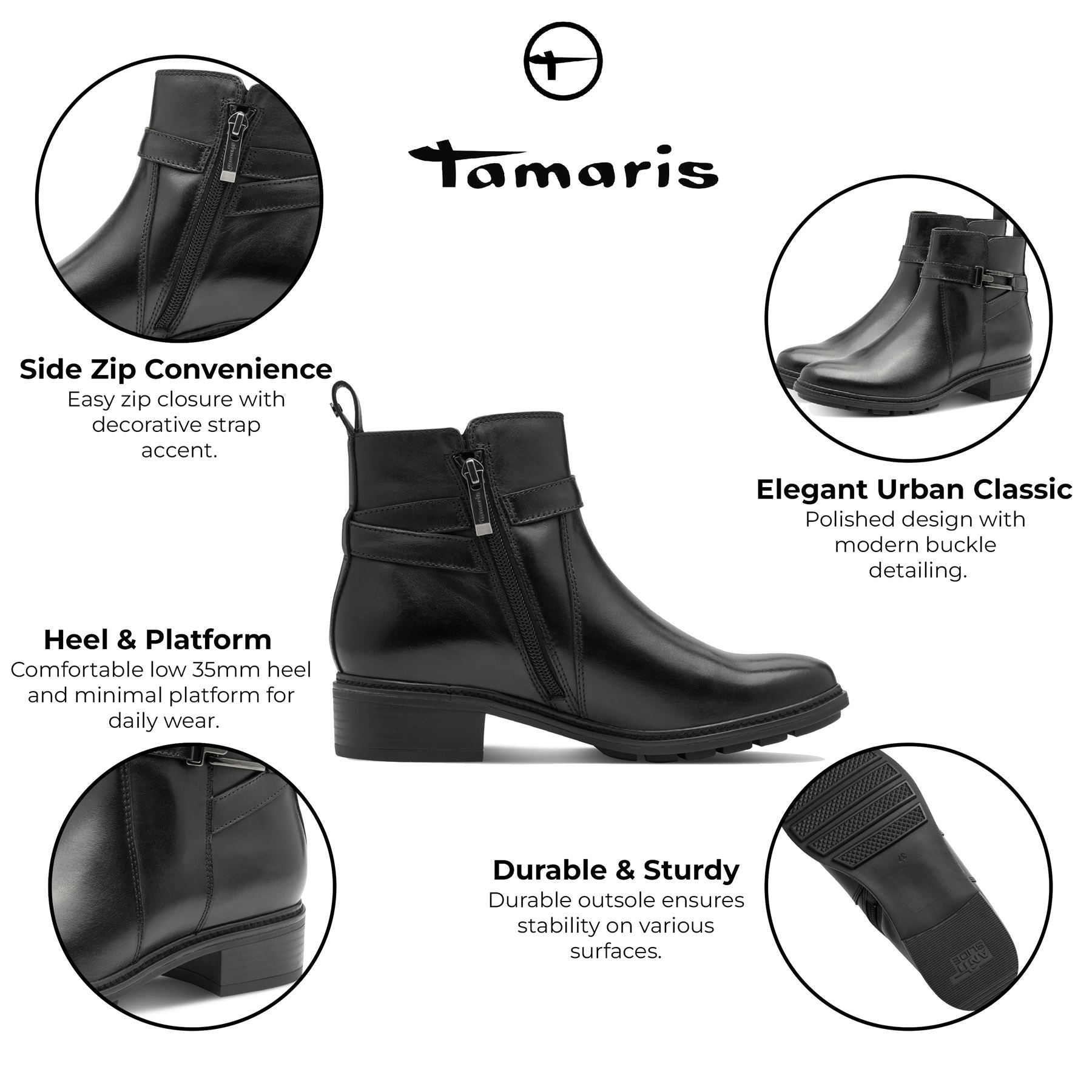 Tamaris Womens Black Leather Buckled Zip Biker Ankle Boots