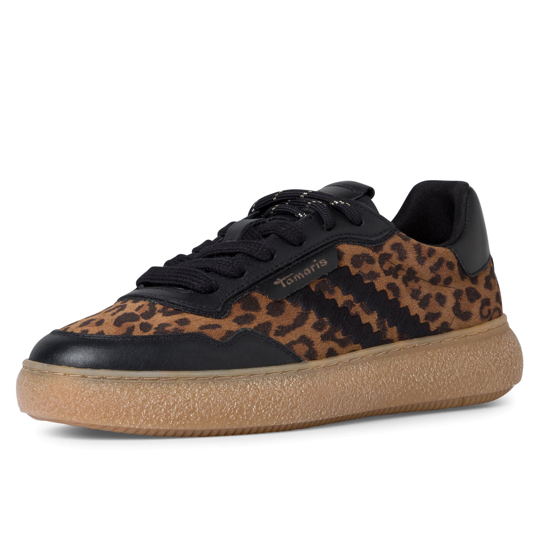 Tamaris Womens Leopard Black Leather Fashion Stripe Lace Up Sneakers