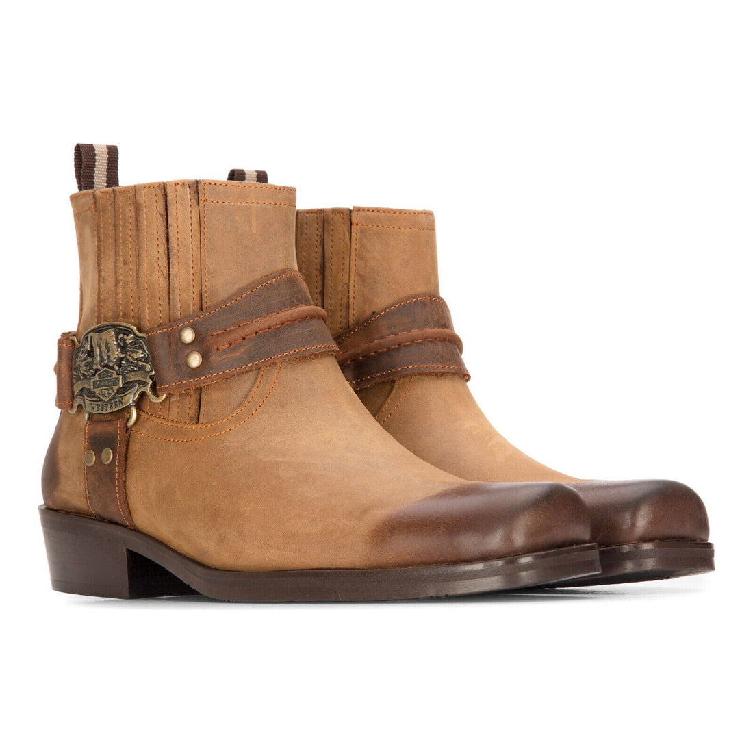 Mens Leather Cowboy Ankle Boots Brown Tan Biker Western Square Toe Hunting Boot