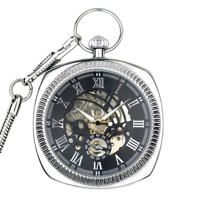 Mechanical Vintage Skeleton Square Open-Face Pocket Watch